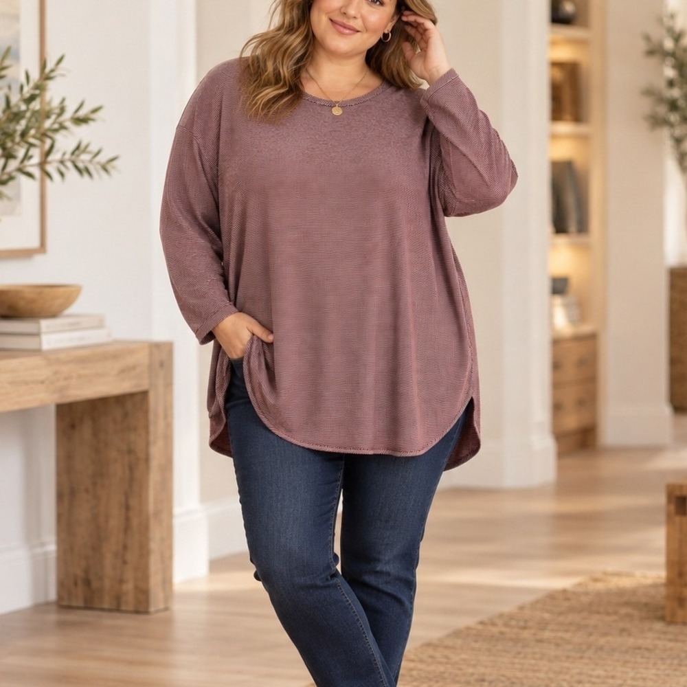 Lands End Womens 2X Burgundy White Micro Striped Long Sleeve Tunic Top